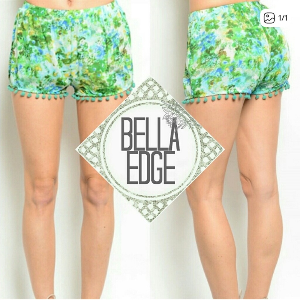 Green and Blue Watercolor Pom Pom Detail Shorts
